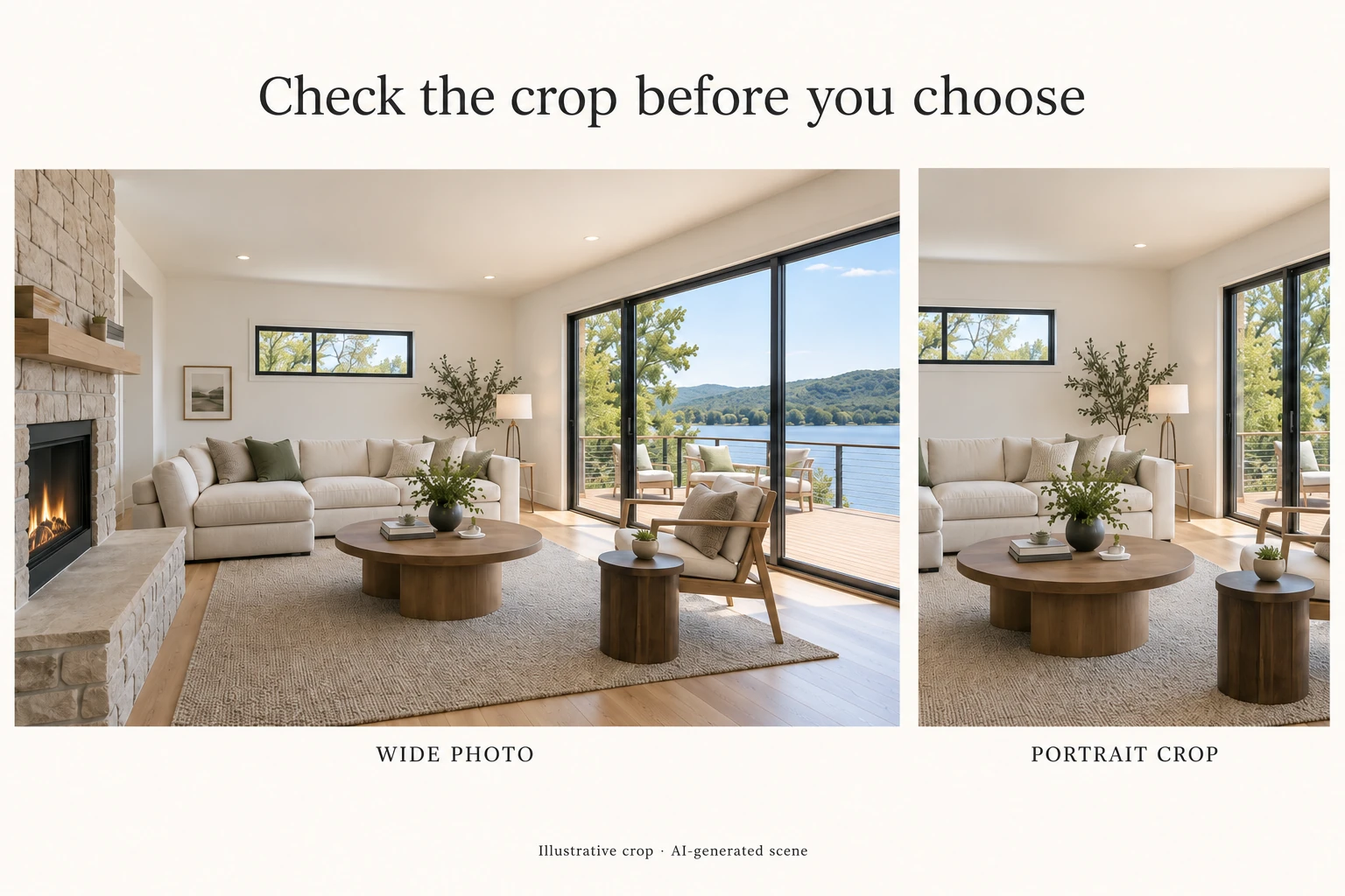 Wide and vertical crops of the same living room photo, showing how a narrow crop loses the fireplace and lake view.
