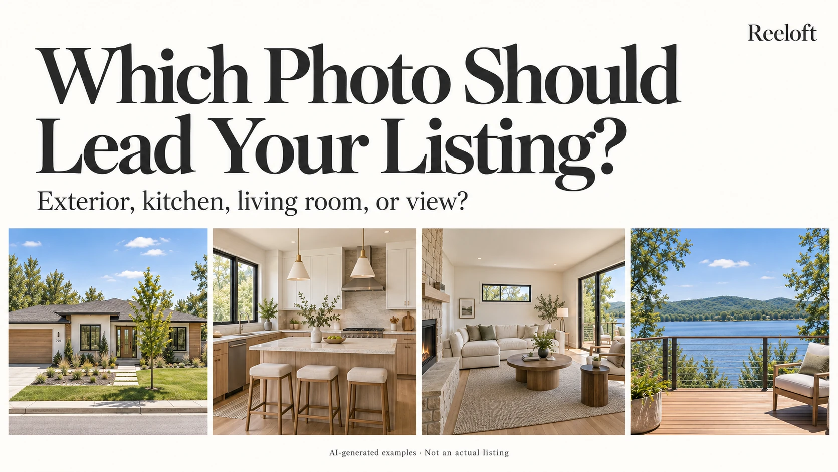 Which Photo Should Lead Your Listing? Four illustrative photos show an exterior, kitchen, living room, and lake view.