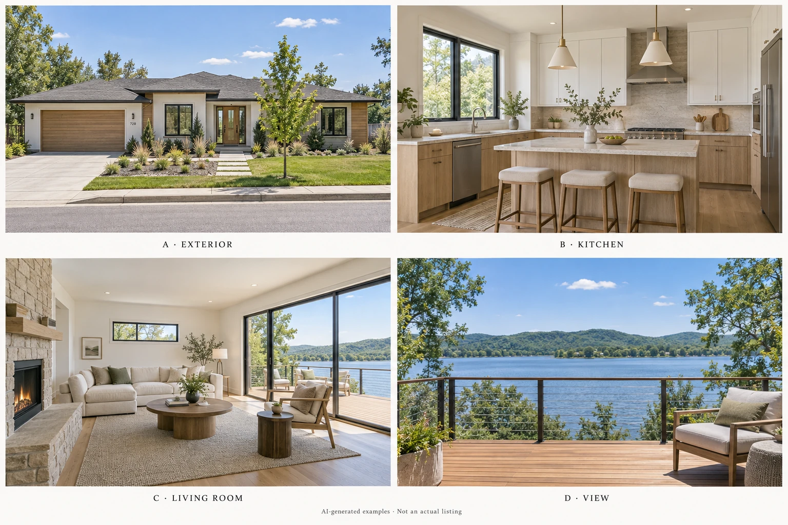Side-by-side comparison of four lead photos: A exterior, B kitchen, C living room, and D deck with a lake view.