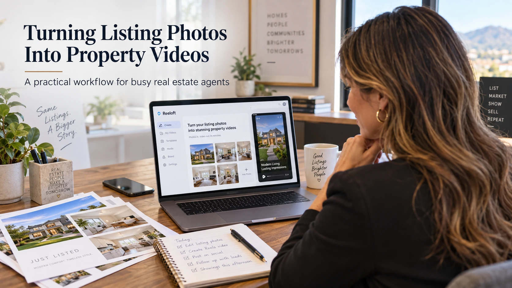 Turning Listing Photos Into Property Videos: an agent reviewing property photos and a Reeloft video preview on a laptop.