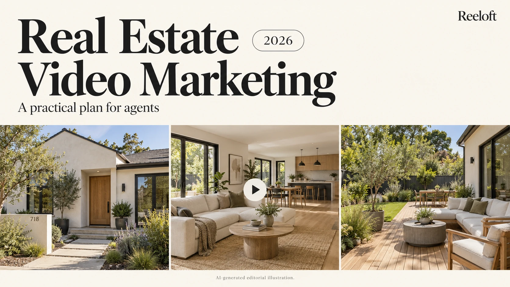 Real Estate Video Marketing 2026: A practical plan for agents, illustrated with exterior, living room, and patio scenes.