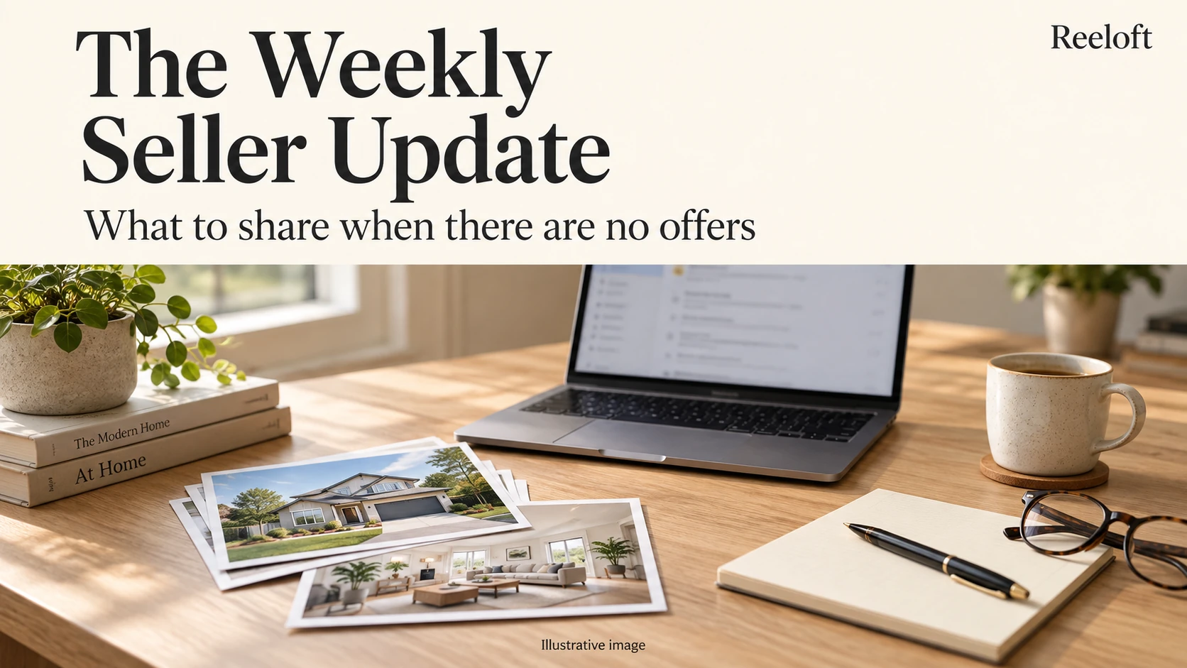The Weekly Seller Update: What to share when there are no offers, above a desk with listing photos, a laptop, and a notebook.