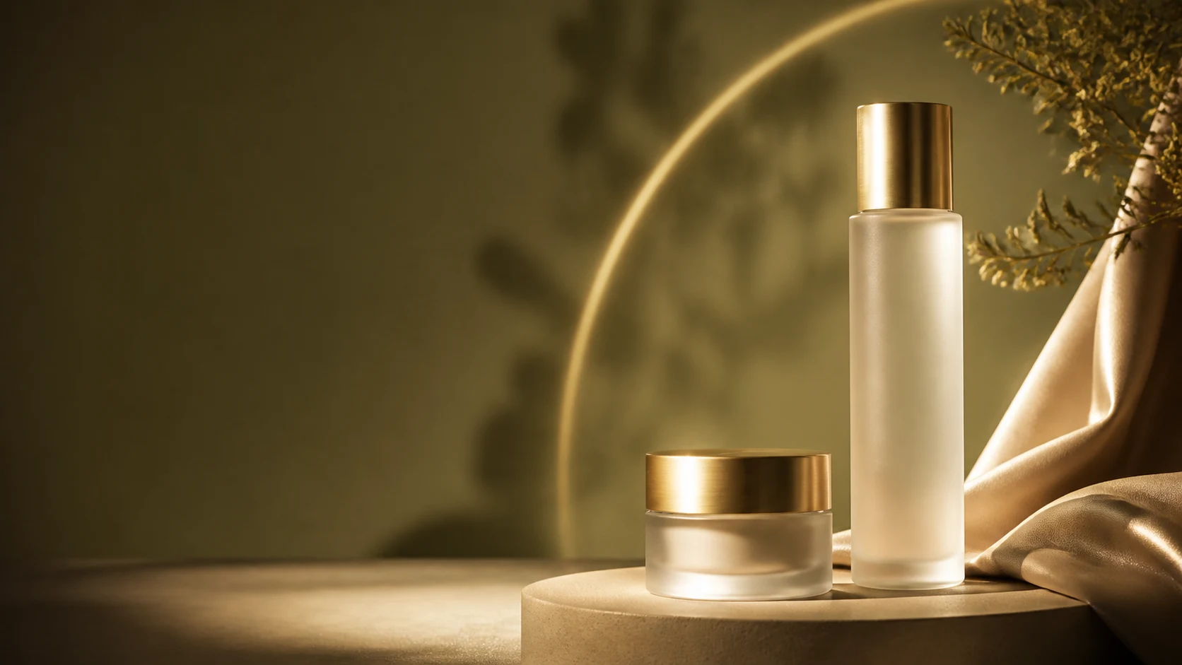 Unbranded frosted beauty bottle and cream jar on a warm olive studio set