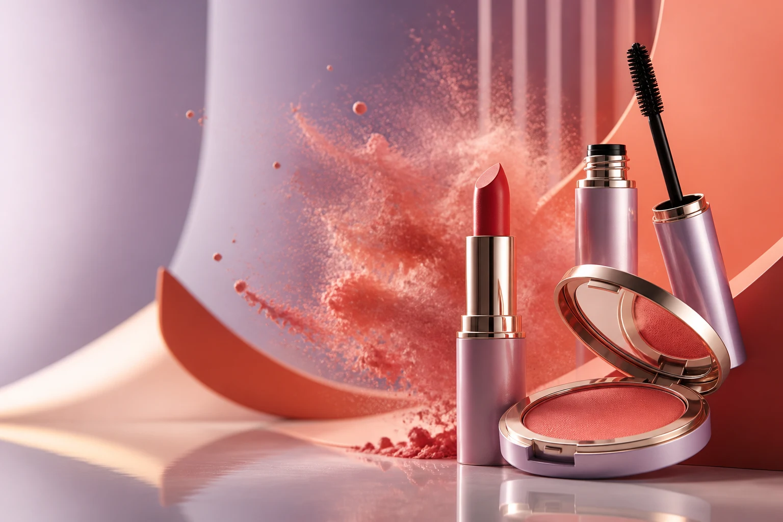 Unbranded lipstick, blush, and mascara in a coral cosmetic campaign scene