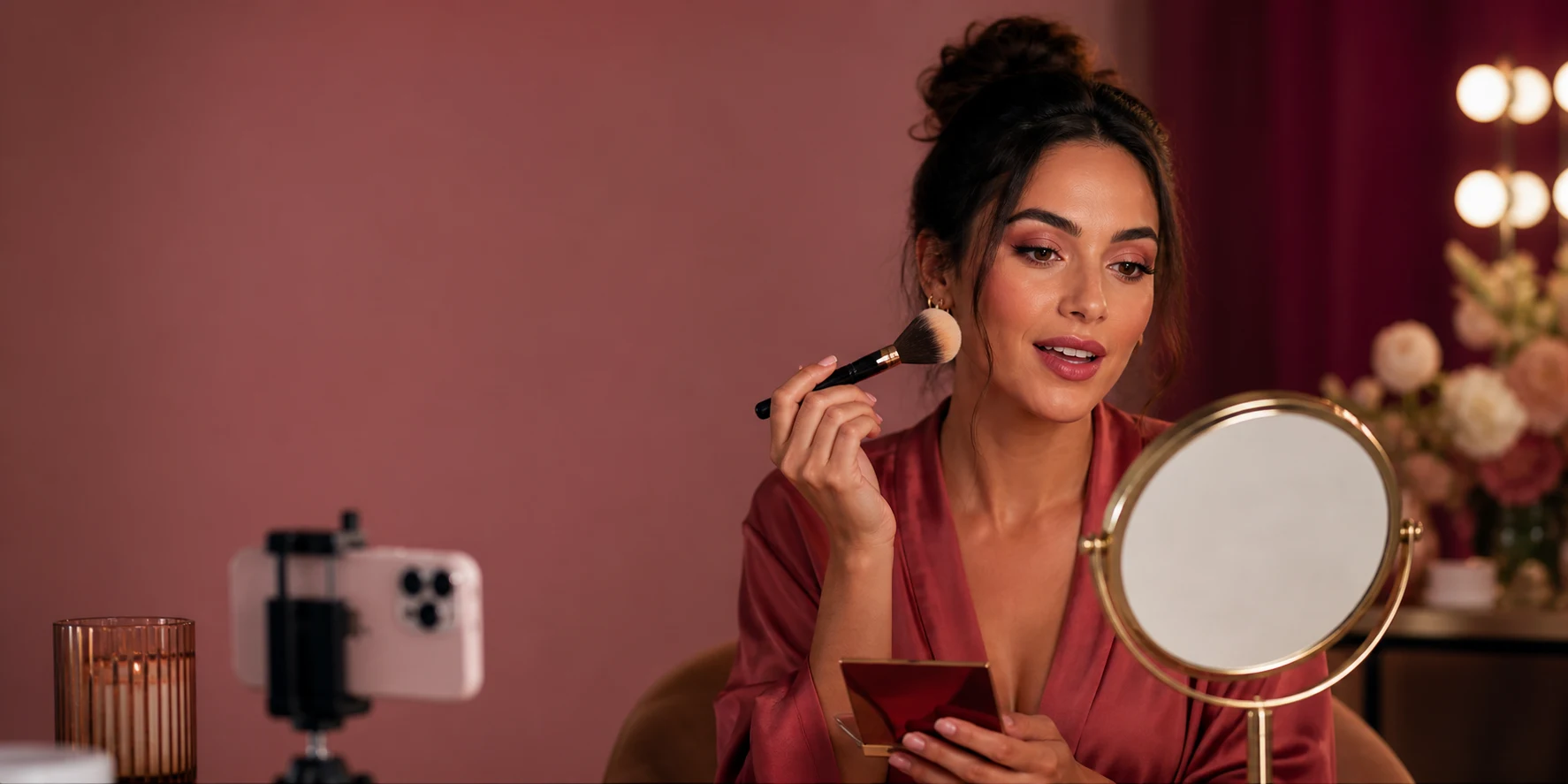 Makeup creator filming a tutorial with a brush, palette, mirror, and phone