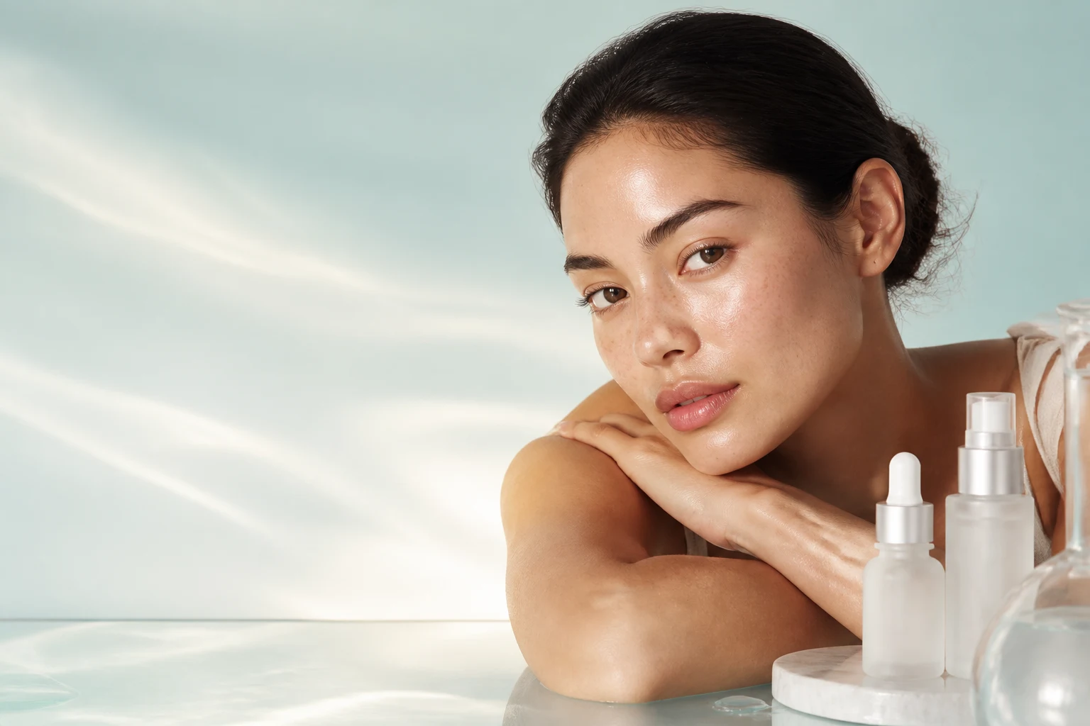 Skincare creator with unbranded serum bottles in a luminous studio